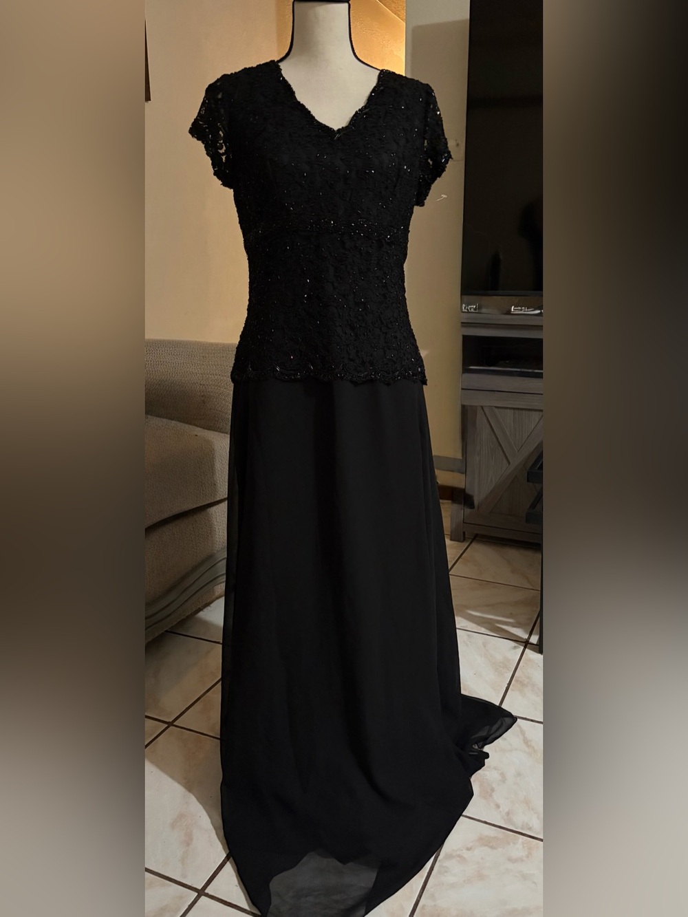 Chadwick's Vintage Long Formal Gown - Size 8 - Black with Lace and Sequins (NWT)